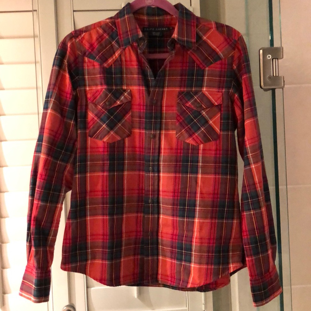 EUC Ralph Lauren sz10 plaid cotton wool snap shirt